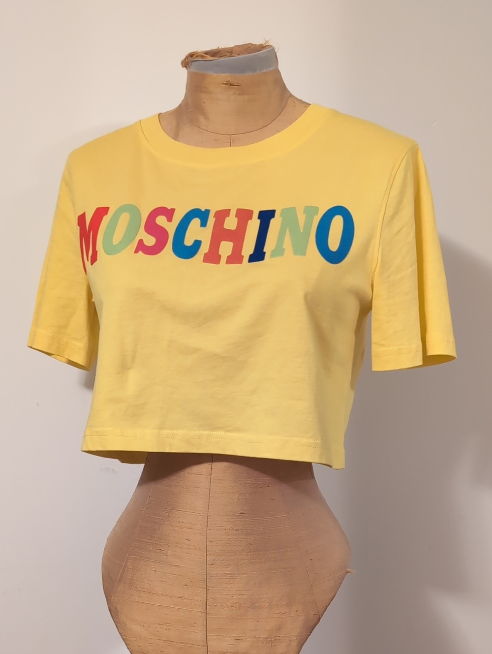 Moschino Yellow Crop Top with Multicolor Logo Size 4 us